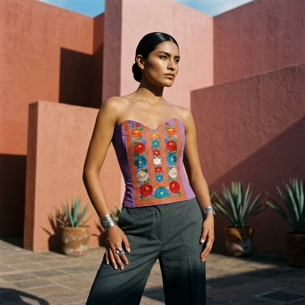 Lilac Mexican Embroidered Cotton Manta Corset Top Handmade Floral Artisan Blouse